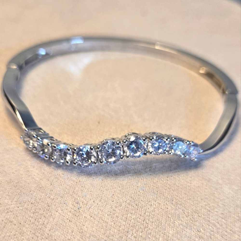 CZ Diamond Look Bangle Bracelet Silver Tone | Elegant Minimal Jewelry - Picture 3 of 3